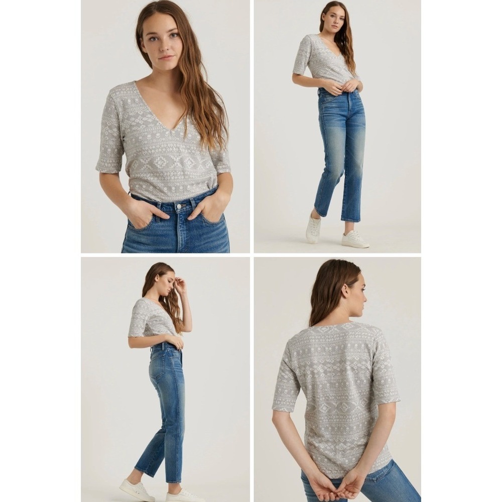 Lucky Brand Womens XL Jacquard Knit top Top Gray White V Neck‎ Short Sleeve